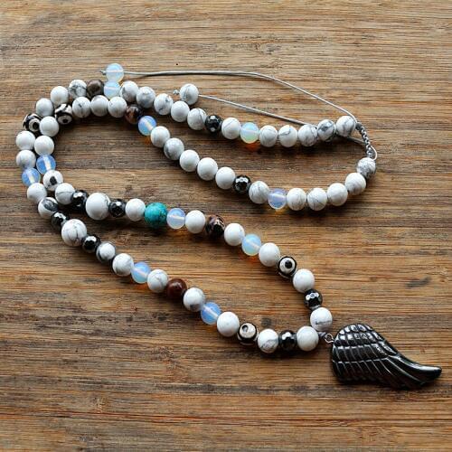 New design 8mm Natural stone Bead With Hematite wings Pendant necklace for women men jewelry