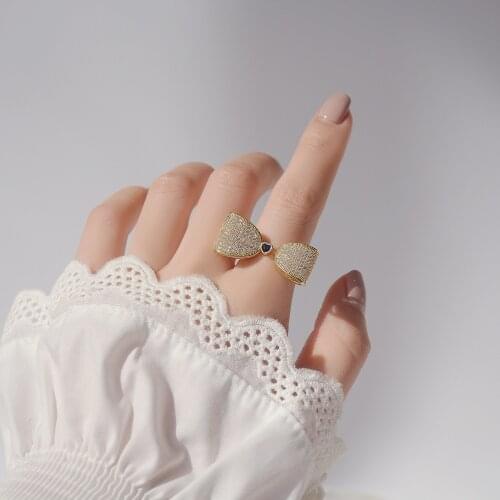 New Design Fashion Jewelry 14k Real Gold-plated Love Blue Micro-inlaid Zircon Bow Rings for Woman Shiny Party Birthday Gift Ring