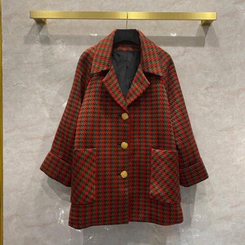 Autumn Winter New Designer plaid wool overcoat High quality Womens loose woollen coat C828