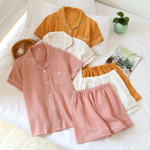 Japanese Summer Couple Pajamas Cotton Crepe Suit Women Solid Plain Short Sleeve Shirt Shorts Pajamas Men Home Clothes