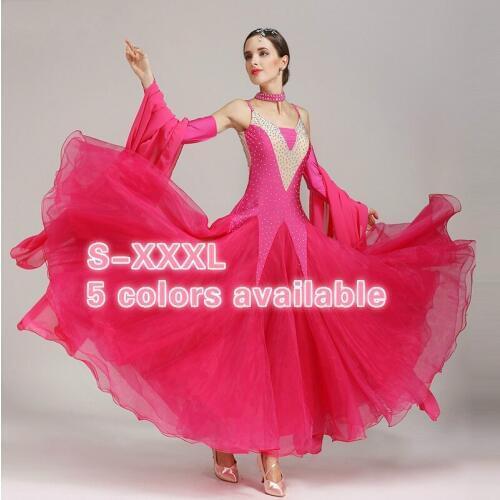 Ballroom Dance dress Costume waltz dress floating cuff rhinestones decoration mesh big flare dress hem