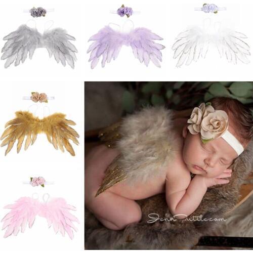 New Newborn Angel Feather Wings Gold/Silver Edge with Leaf Flower Headband Photo Shoot Set Halloween Birthday Gifts