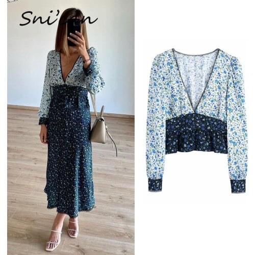Za Blue Floral Chiffon Bloue Fashion Summer V Neck Long Sleeve Short Crop Shirts Vintage Casual Oversize Chic Tops Blusas 2021