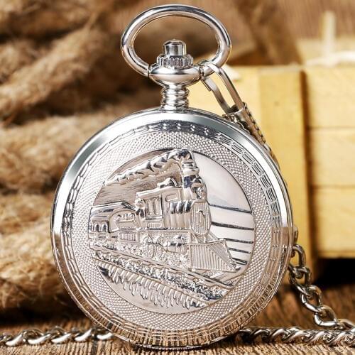 Vintage Pocket Watch Mechanical Hand Wind Bronze Silver Golden Locomotive Theme Watches Double Hunter Pendant Gift for Men