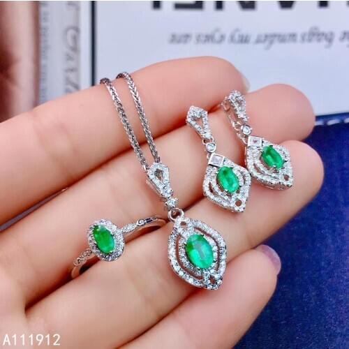 KJJEAXCMY fine jewelry natural Emerald 925 sterling silver women pendant necklace chain earrings ring set support test noble