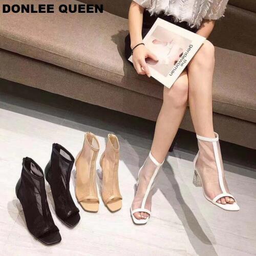 Women Ankle Boots Mesh Crystal Clear High Heel Shoes Women Autumn Peep Toe Sexy Pumps Party Shoes Female Bootie zapatos De Mujer