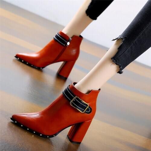 2021 new Women British style short shoes Fashion Handmade Classic Pointed toe Metal Heels thick high Women Booties size 34-40