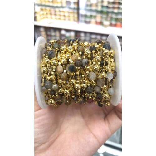 3M/packs Copper semiprecious stone jewelry making chain, opal gold plated flat gems beads connector findings