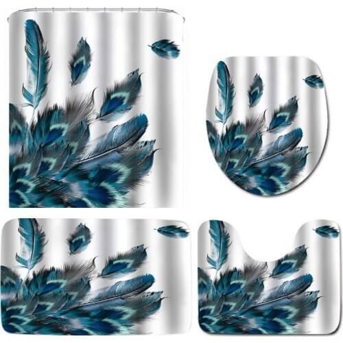 4 Pcs Peacock Feathers Waterproof Bathroom Shower Curtain Toilet Cover Mat Non-Slip Floor Mat Rug Bathroom Set with 12 Hooks