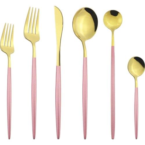 6Pcs Pink Gold Dinnerware Cutlery Set Stainless Steel Flatware Knife Dessert Fork Long Handle Tea Spoon Silverware Tableware Set
