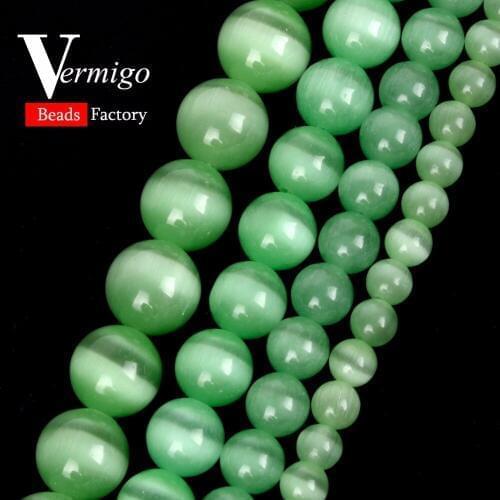 Wholesale Light Green Cat Eye Natural Stone Round Spacer Ball Beads For Jewelry Making 4-12mm Pick Size Diy Bracelet 15"