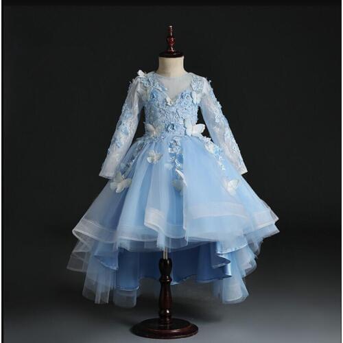 Flower Lace Butterfly Baby Dress Blue Tulle Infant Girl Christening Gowns Newborn Baptism Dresses First Birthday Tutu Dress