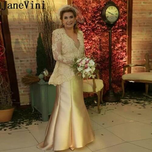 JaneVini Elegant Champagne Lace Long Sleeves Mother of the Bride Dresses 2020 Plus Size Satin Mermaid Godmother Party Gown madre