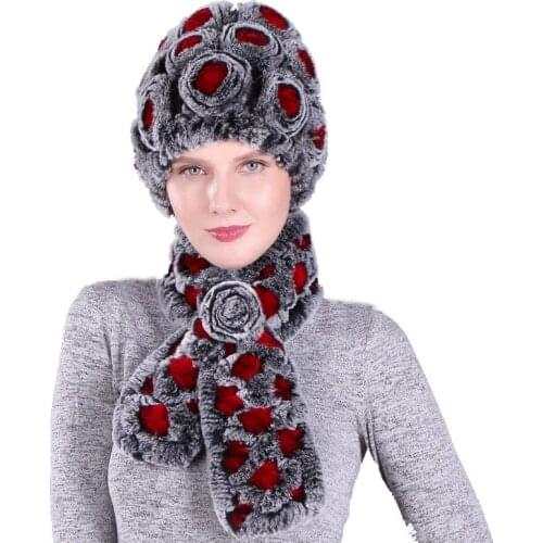 Genuine Knitted Rex Rabbit Fur Fedoras Hat with Scarf Sets Winter Fashion Ear Protector Headgear Neckrings LF21009QX