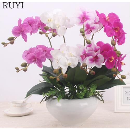 Simulation Double-branch Butterfly Orchid Touch Film 12 Flowers PU Material Fake Flower Plants Pot Home Office Hotel Decoration