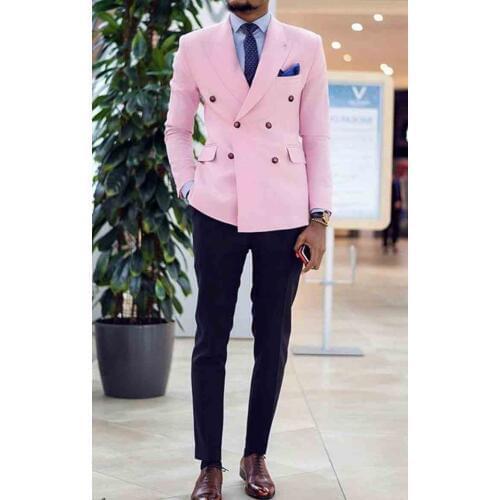 Custom Made Groomsmen Pink Jacket / Navy Blue Pants and Tie Groom Tuxedos Peak Lapel Double Breasted Men Suits 2 Pieces C601