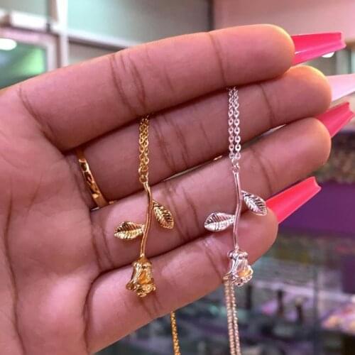 Rose Flower Necklace For Women Gold Stainless Steel Lover Chain Choker Pendant Necklaces Valentines Day Jewelry Gifts BFF