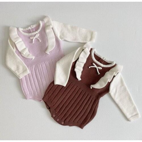 Baby Girl Grid Rompers Girl Long Sleeves Pure Color Knit Rompers Autumn Winter Baby Girl Newborn Rompers Clothes