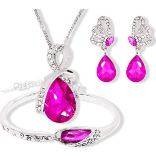 925 sterling silver necklace earrings bracelet, ladies wedding Fine jewelry set water drop rose red crystal heart S0151