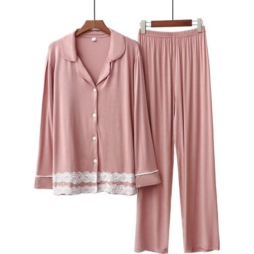 Cozy 2pcs Pajama Sets Women Long Sleeve Solid Modal Elastic Loose Soft Oversized Womens Lace Korean Home Clothing Comfortable