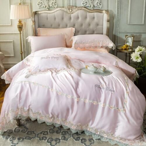 Luxury Pink Princess 120S Egyptian cotton Embroidery Bedding sets Queen King Lace Duvet cover Bed sheet set Pillowcases 4/6pcs