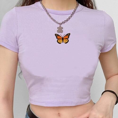 Summer Butterfly Print Cotton Crop Tops T Shirt Women Fashion High Street Casual Tees Basic Slim Short Sleeve Sexy Tshirt