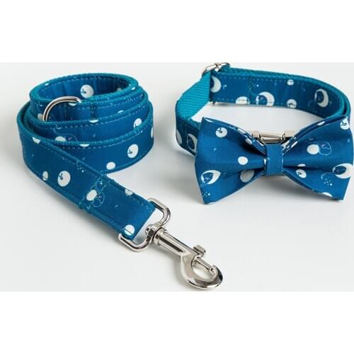 Cute Printed Dog Collar And Leash Set Small And Large Dog Collar With The Bow Adjustable Blue Pet Walking Leads
