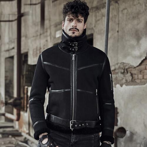 Mens Sheepskin Shearling Jacket Motorcycle Style Flying Jacket B3 Cool Black Leather Jacket