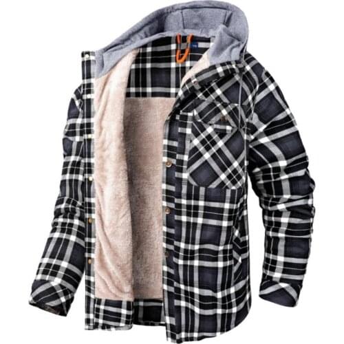 Winter Casual Plaid Hooded Velvet Thickened Warm Men Shirt Mens Cotton Loose Long Sleeve Shirts