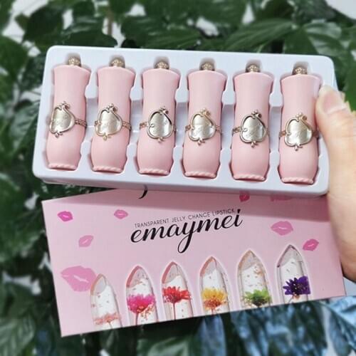 6pcs Lipstick Set Flower Jelly Crystal Clear Lip Balm Kit Long Lasting Lips Moisturizer Temperature Color Change Pink