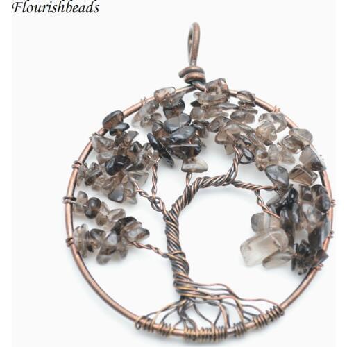 Natural Smoky Quartz Stone Chips Life Tree Antique Bronze Wire Wrapped Round Metal Pendant