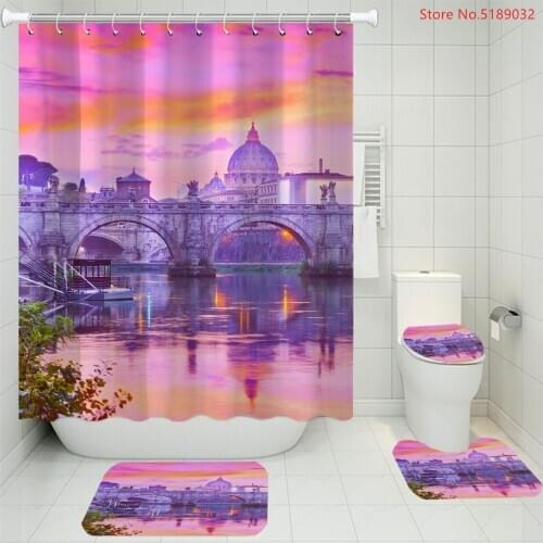 Natural Landscape Shower Curtain Toilet Lid Cover Bath Carpet Mat Tree Print Waterproof Bath Curtain Anti Slip Bathroom Carpet
