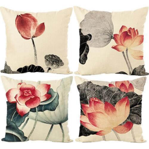 Chinese Style Lotus Series Printing Linen Material Pillow Cover Car Waist Pillowcase Fashion Exquisite And Comfortable