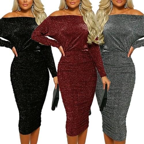 New Arrival Sexy Solid Off Shoulder Slim Elegant Women Sexy Boat Neck Glitter Bodycon Dress Autumn Evening Party Formal Dress