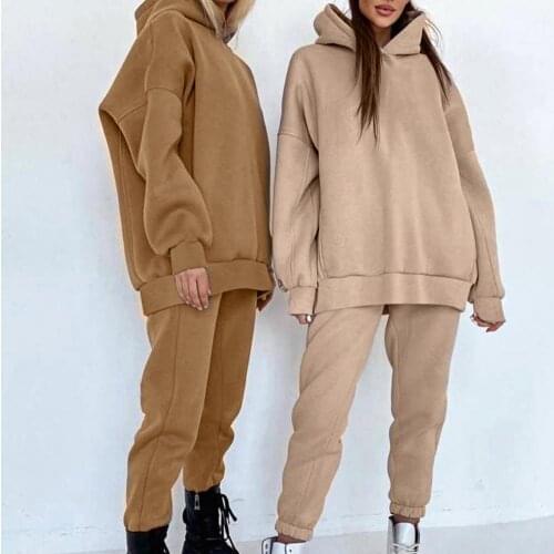 Solid Color Hoodie Pants Suit Warm Casual Long Sleeve Hooded Women Suit for Winter