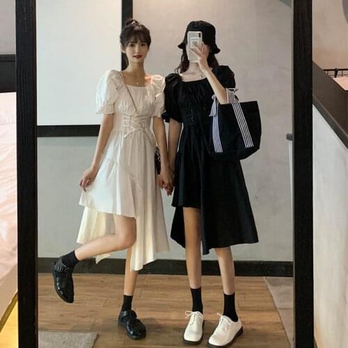 Puff Sleeve Dress Women Summer New Sweet Cool Wind Female Irregular A-Line Short Sleeve Vestidos Slim Waist Dresses Students