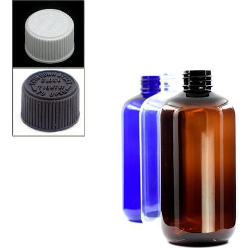 250ml empty boston round Plastic Bottles,blue/amber/ transparent PET bottle with white/black child resistant caps,safety lid