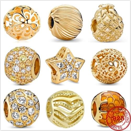 925 Sterling Silver Metal Bead Zirconia Sparkling Gold Charm fit Original Pandora charms Silver 925 Bracelet DIY Women Jewelry