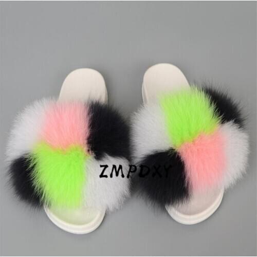 Womens Real Fox Fur Slides Fluffy Furry Slippers Ladies Raccoon Fur Sandals Woman Plush Shoes Girl‘s Beach Fur Flip Flops 36-45