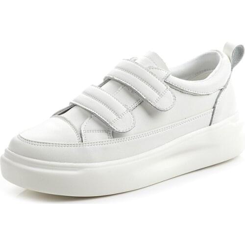 Little White Shoes Female Autumn Love Thick-soled Shallow Mouth Leather Womens Shoes With Velcro Casual Flat-soled Shoes