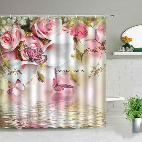 Roses Butterfly Flower White Shower Curtains Printed Floral Leaf Waterproof Polyester Bathroom Curtain Fabric for Bathtub Decor