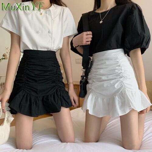 2021 Summer New Women Mini Mermaid Skirt Korean Sweet Folds Wrap Hip High Waist Slim Solid White Skirts Lady Trendy Streetwear