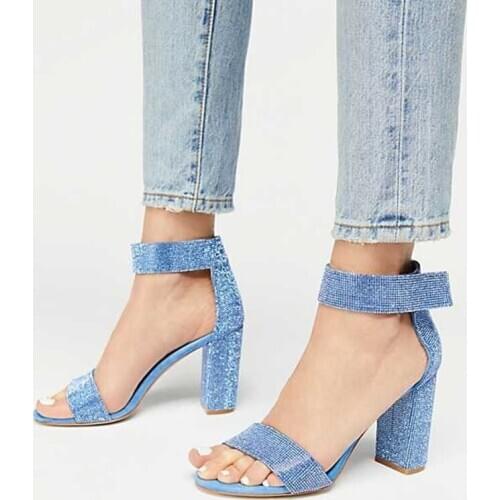 Sequined Sandals Solid Concise Square Heel Fashion One Strap Cut Out Hook Celebrity Female Shoes Chunky Heel Glitter Footwear