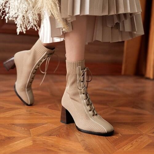 QZYERAI 2021 British Style Modern Sock Boots Genuine Leather Thick Heel Boots Chelsea Ankle Boots Womens