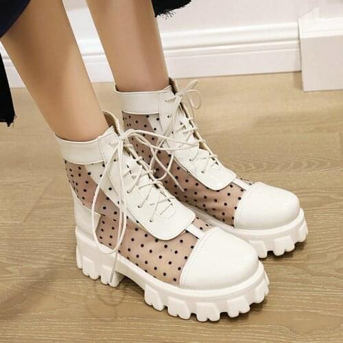 Black White Women Riding Boots Fashion Cross Tied Platform Ankle Boots Thick High Heel Lady Breathable Mesh Boots Summer Shoes