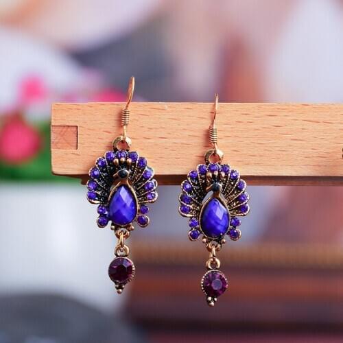 Vintage Womens India Gypsy Tribe Peacock Earrings Boho Ethnic Purple Rhinestone Alloy Drop Earrings Jhumka Jhumki Jewelry Gifts