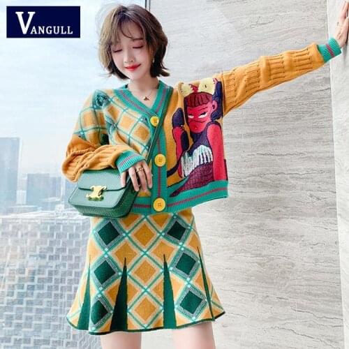 Vangull Sweet Women Two-piece Suit Autumn New Contrasting Long Sleeve Print Knitted Cardigans Plaid Mini Skirts Female Two Sets