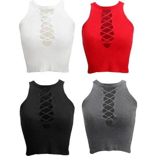 Sleeveless Lace Up Crop Top Knit Cami Summer Casual Cropped Vest Tank for Women