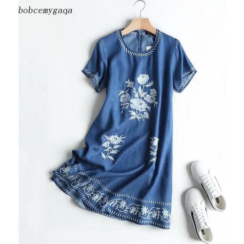 Embroidery summer denim dress women o neck soft Jeans dresses casual short sleeves blue office lady dress cotton