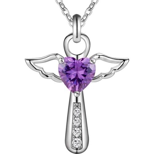 Bijouterie Drop Shipping Jesus Cross Love Angel Heart Wing Silver Pendant & Necklace Zircon Stone Crystal Women Lady Gifts AN057